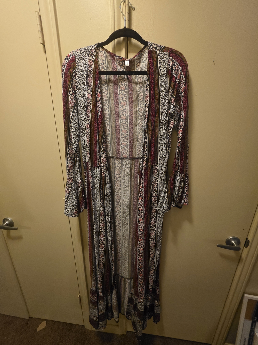 Womenβs Long Open-Front Duster Cardigan - Burgundy Multi